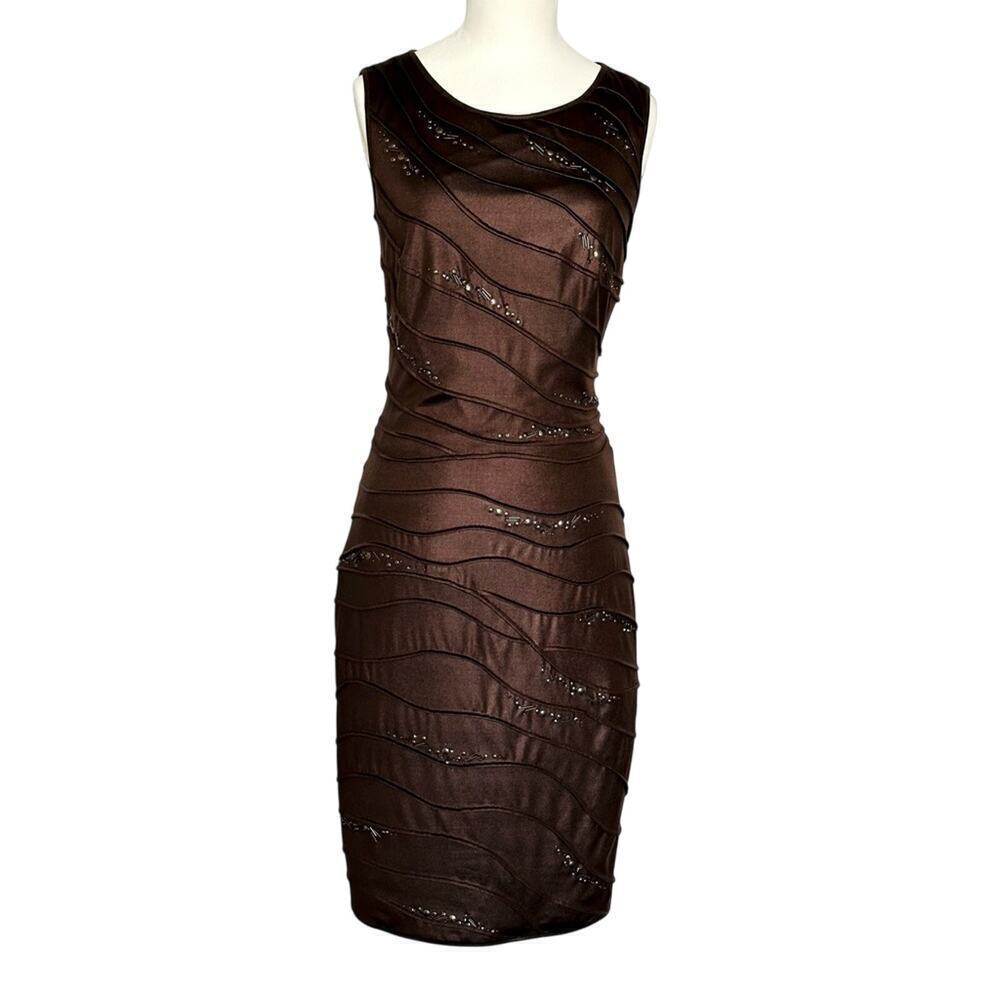 Tadashi Shoji Brown Metal Beaded Textured Pleated Sleeveless Cocktail Dress XS